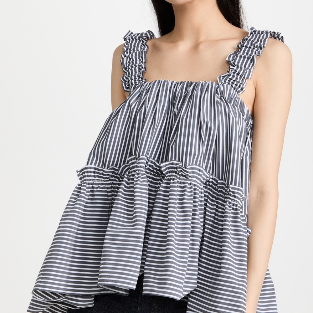 Brogger Striped Ruffle Sleeveless Babydoll - Olive Top - NWOT